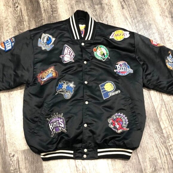 NBA Jacket All Teams Patches Jeff Hamilton Vintage SIZE XL Black Satin - Picture 1 of 8